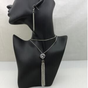 Y2K Glamour CZ Stone Silver-Tone Tassel Necklace Dangle Earring Set Boho